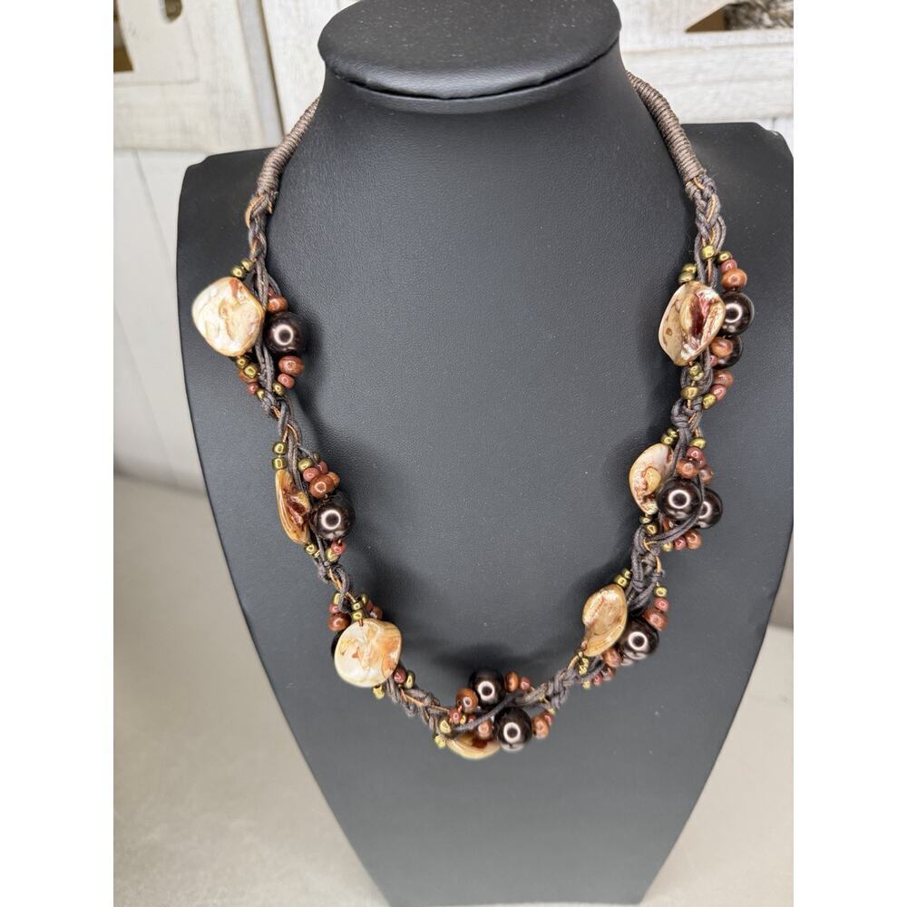 Genuine Shell Necklace Beaded Brown Earthy Tones Statement Multi Strand